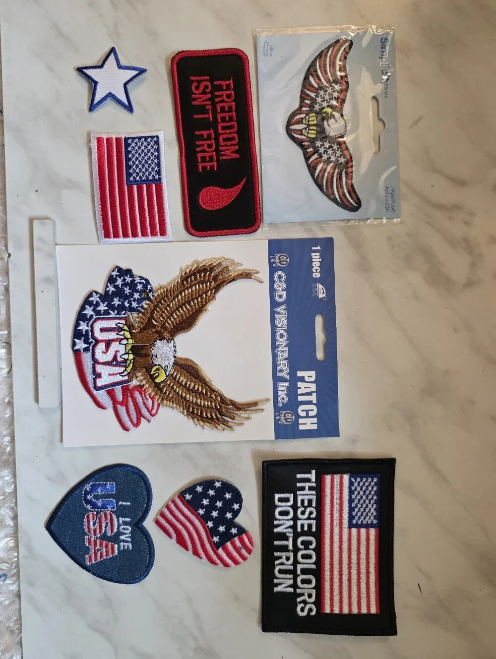 8 America Iron-On Embroidered Patches - Red, White, Blue